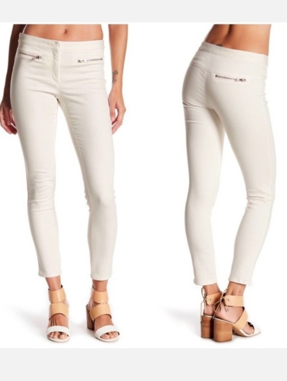Veronica Beard Mid Rise Skinny Zip Moto Skinny Ankle Jeans Cream